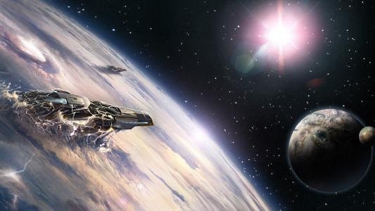 Gian Spaceships Leaving Planet高清壁纸