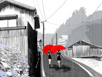 女孩在雨中红伞壁纸